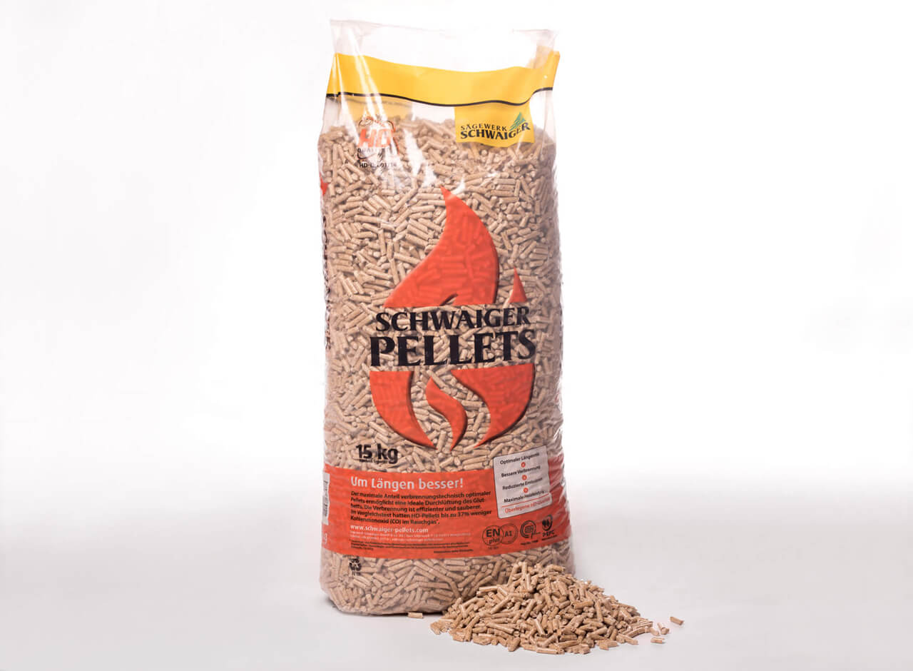 Das Foto zeigt einen 15 Kilo Sack Holzpellets der Marke Schwaiger